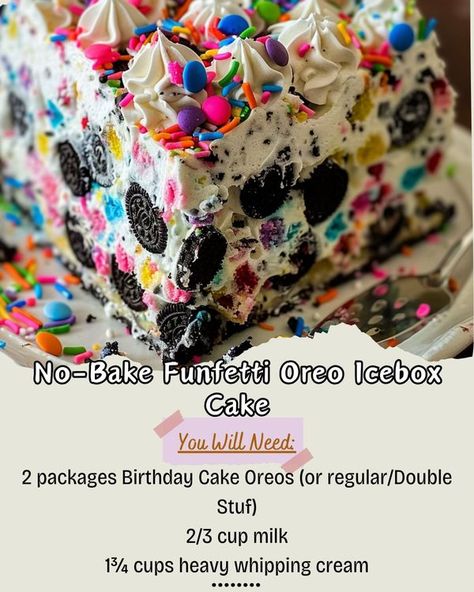 Homemade Recipes No Bake Funfetti Oreo Icebox Cake, Crush Birthday Cake, Birthday Cake Oreos, Crush Birthday, Funfetti Oreo, Oreo Icebox Cake, Oreo Birthday Cake, Icebox Desserts, Sweet Temptation