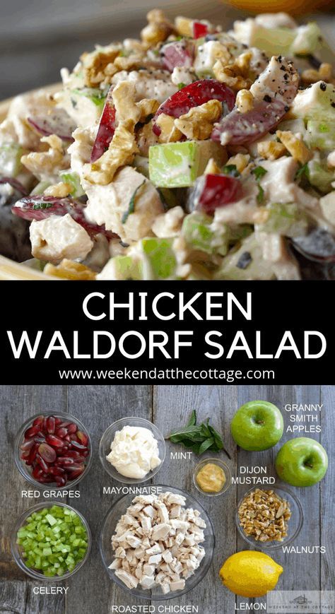 Chicken Waldorf Salad - Weekend at the Cottage Waldorf Salad With Chicken, Chicken Wardolf Salad, Waldorf Salad Recipe Chicken, Waldorf Snacks, Wardolf Salad Recipe, Chicken Waldorf Salad Recipe, Healthy Salads Recipes, Salads With Fruit, Waldorf Chicken Salad Recipe