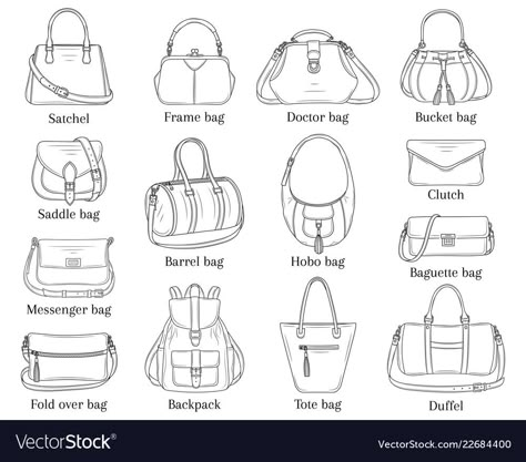 Pleats Fashion, Types Of Handbags, Clothing Templates, Fashion Design Drawing, Bag Illustration, Handbags Collection, Drawing Bag, Dress Design Drawing, Fashion Vocabulary