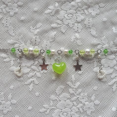 Green Hearts Y2K Mini Clutter Necklace Frog Queen, Clutter Necklace, Hearts Y2k, Green Hearts, Large Heart, Beaded Necklaces, Plastic Beads, Bright Green, Heart Pendant