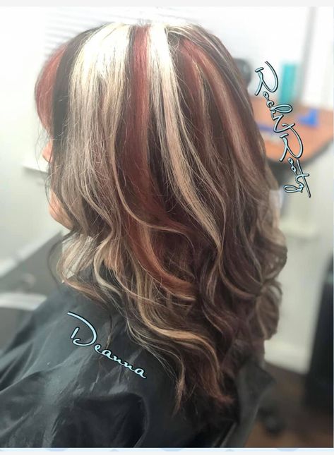 Red Blond Brown Hair, Red Blond And Brown Hair Highlights, Hair Color Ideas Chunky Highlights, 2000s Chunky Highlights Red, Red And Blonde Streaks In Brown Hair, Black And Red Chunky Highlights Curly Hair, Red Hair With Chunky Highlights, Tri Color Chunky Highlights, Calico Chunky Highlights