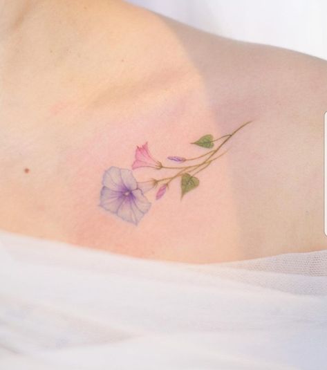 Morning Glory Tattoo With Name, Morning Flower Tattoo, Morning Glory Watercolor Tattoo, September Birth Flower Tattoo Morning Glory, Petunia Tattoo Ideas, Morning Glory Tattoo Ideas, Dainty Morning Glory Tattoo, Morning Glory Tattoo Color, Morning Glory Minimalist Tattoo