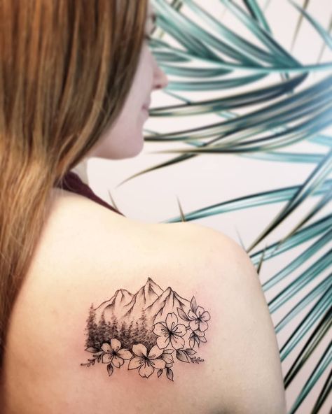 Fine line mountain scenery tattoo with cherry blossoms done by Vancouver tattoo artist Jamie Kan Mt Mckinley Tattoo, Mountain And Birth Flower Tattoo, Mountain And Stream Tattoo, Mountain And Waterfall Tattoo, Flowers And Mountains Tattoo, Girly Mountain Tattoo, Mt St Helens Tattoo, Wildflower Mountain Tattoo, Mountain Themed Tattoos