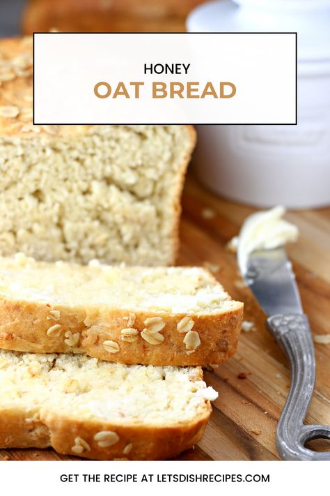 No-Knead Honey Oat Bread Recipe -- This easy yeast bread is sweetened with honey and loaded with oats. Which makes this no-knead honey oat bread perfect for toast, sandwiches and snacking. #Bread Honey Oat Bread Recipe, Easy Yeast Bread, Oat Bread Recipe, Honey Oat Bread, Oat Bread, Honey Bread, Oatmeal Bread, Bread Easy, Honey Oats