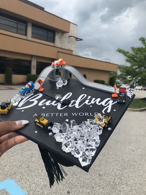 Civil Engineer Graduation Cap, Graduation Cap Designs Engineer, Construction Management Graduation Party, Interior Designer Graduation Cap, Architecture Cap Graduation, Cap Decoration Graduation Engineering, Mechanical Engineer Graduation Cap, Civil Engineer Graduation Pictures, Civil Engineering Cap Graduation