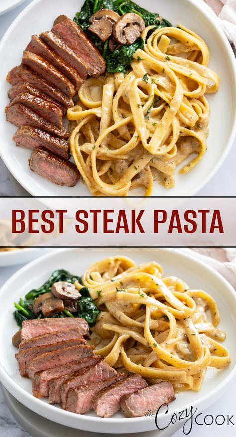 steak pasta with steak sliced, a side of spinach, and fettucin Restaurant Food Ideas Dishes, Steak And Mushroom Pasta, Dinner Receipts, Company Recipes, Entree Ideas, Alfredo Chicken, Creamy Alfredo Sauce, Cozy Cook, Steak Pasta