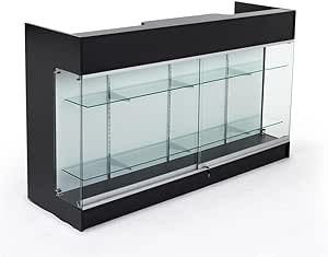 Displays2go 6ft Retail Sales Counter with Glass Shelves, Tempered Glass, Laminated Particle Board, Locking Drawers – Black (MRCLSC72BK) Retail Sales Counter, Sales Counter, Home Office Cabinets, Retail Sales, Office Cabinets, Particle Board, Glass Shelves, Home Office Furniture, Home Decor Furniture