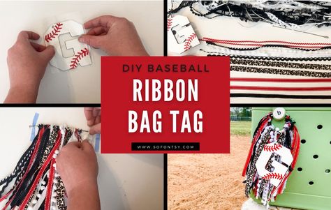 Bogg Bag Accessories Ideas, Gift Bag Tags Diy, Diy Bag Charms How To Make, How To Make Bag Charms, Diy Bogg Bag Accessories, Diy Softball Gifts, How To Make Bogg Bag Accessories, Diy Cheer Bag Tags, Ribbon Bag Tags Diy