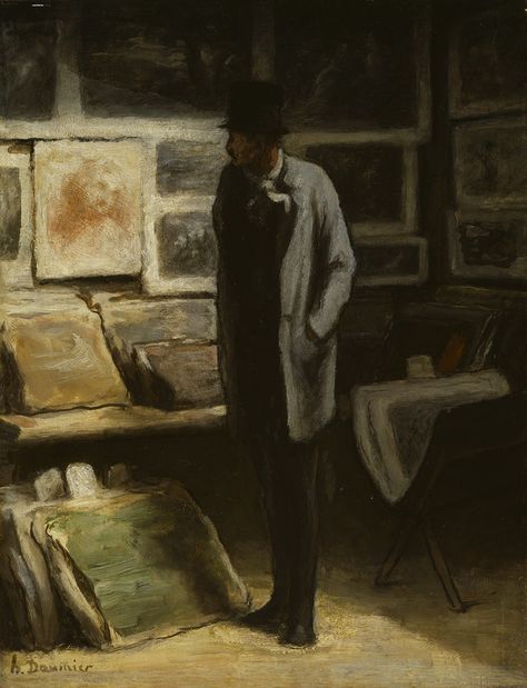 Honoré Daumier, 'The Print Collector (Les Amateur d'estampes)', c. 1857-63. Oil on cradled panel. 42.3 x 33 cm. The Art Institute of Chicago, Gift of the Estate of Marshall Field. Photo The Art Institute of Chicago. Honore Daumier, American Painting, A4 Poster, Art Institute Of Chicago, Painting Reproductions, Vintage Artwork, Exhibition Poster, Museum Of Modern Art, Satire