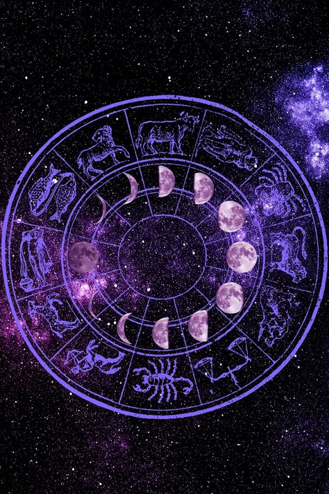 a collage on a dark, starry sky with purple and pink mixed into the background. A purple wheel with the astrological signs. A circle of pink moons showing the different moon phases sits in the middle of the wheel. Cool Wallpapers Space, Horoscope Wallpaper, Fixed Signs, Astrology Wallpaper, Taurus And Aquarius, Horoscope Reading, Weekly Horoscope, Astrology And Horoscopes, Witchy Wallpaper