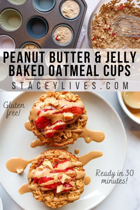 Peanut butter & jelly baked oatmeal cups! Mix whole oats & strawberries into a peanut butter batter sweetened with honey & bake to perfection! Oatmeal cups are one of my favorite, heart healthy, make ahead breakfast recipe options. The perfect, sweet, healthy snack for kids & adults. Simple, filling & convenient, great for any meal plan! Make in bulk & refrigerate or freeze, microwave for 60 seconds to reheat. Fuel your health, fitness & weight loss goals with nutritious food you love. Oatmeal Packet Recipes, Oatmeal How To Make, Healthy Snack For Kids, Healthy Make Ahead Breakfast, Making Peanut Butter, Oatmeal Peanut Butter, Sugar Free Peanut Butter, Baked Oatmeal Cups, Strawberry Oatmeal