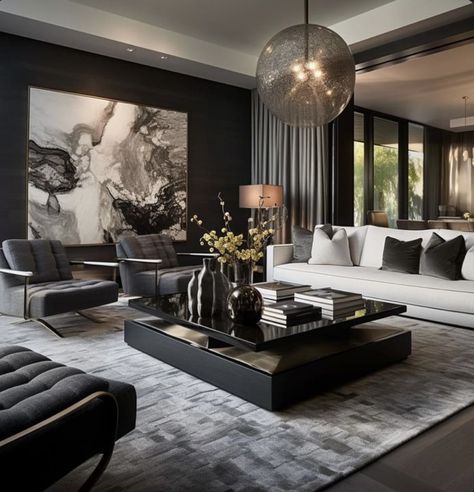 Black And White Modern House Interior Design, Grey And Black Living Room Ideas, Black Furniture Living Room Ideas, Modern Grey Living Room Ideas, Grey Modern Living Room, Grey And Black Living Room, Modern Luxe Living Room, Gray Interior Design, Modern Velvet Chair