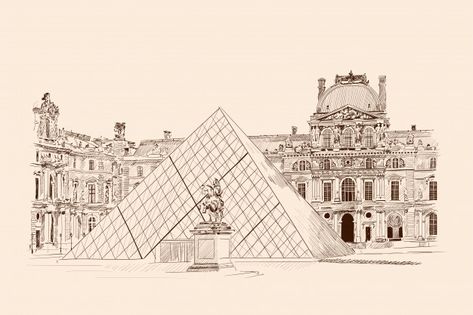 Louvres, paris. pencil sketch on a beige... | Premium Vector #Freepik #vector #line #art #paris #sketch Pencil Background, Paris Sketch, Paris Background, Bigbang Wallpapers, Eiffel Tower Drawing, Paris Cards, Paris Drawing, Louvre Pyramid, Vector Line Art