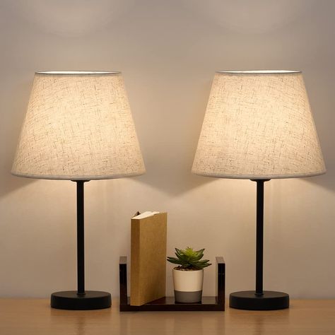 LIANTRAL Bedside Table Lamps Set of 2, Modern Small Desk Lamp with Linen Fabric Shades & Black Metal Frame for Bedroom, Living Room, Office Modern Small Desk, Black Bedside Lamps, Metal Lamp Base, Office Study Room, Small Desk Lamp, Bedroom Lights, Living Room Dorm, Twitter Artist, Bedroom Essentials