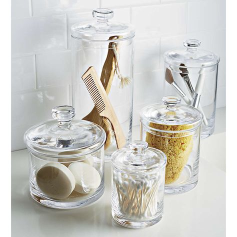 Set of 5 Glass Canisters + Reviews | Crate and Barrel Becky Owens, Large Glass Canisters, Bathroom Containers, Simple Bathroom Decor, Walk In Shower Designs, Timeless Bathroom, Glass Canisters, Apartment Bathroom, Bathroom Spa