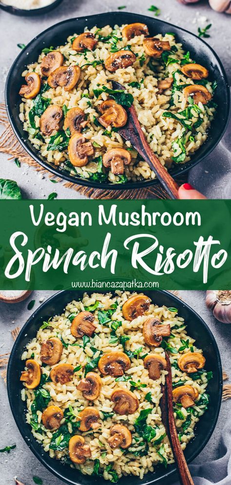 Vegan Spinach Dinner, Mushroom And Spinach Risotto, Plant Based Risotto Recipes, Wfpb Spinach Recipes, Vegan Arborio Rice Recipes, Vegan Mushroom Risotto Recipes, Rissoto Recipes Vegan, Plant Based Spinach Recipes, Mushroom Entree Recipes