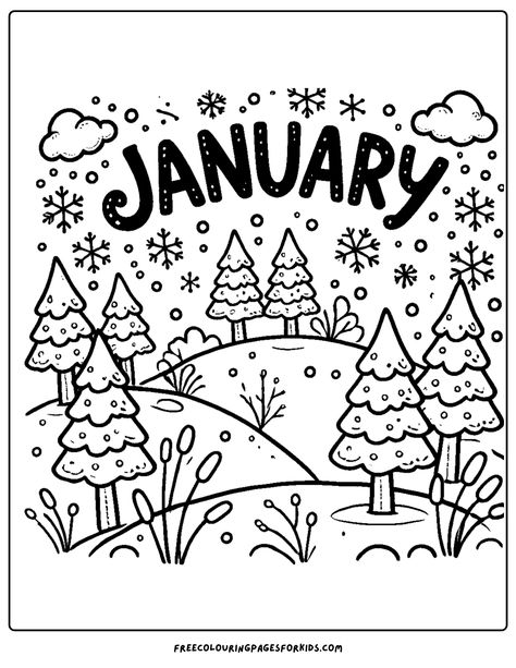 a snowy januayr themed landscape 2025 Colouring Pages, New Years Coloring Pages For Adults, Seasonal Coloring Pages, New Years Colouring Pages, Simple Bold Coloring Pages, January Classroom Themes, March Coloring Pages Free Printable, New Years Coloring Pages For Kids, January Coloring Pages Free Printable