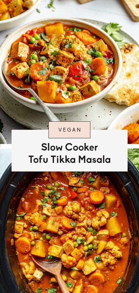 This unbelievably nourishing vegan tikka masala recipe is packed with veggies and plenty of protein from tofu! It's a great recipe for crowds or to make for meal prep and is delicious with a side of naan bread for dipping. Use your slow cooker for an easy meal with little cleanup! Tofu Tikka Masala, Tofu Tikka, Bread For Dipping, Vegan Tikka Masala, Vegan Slow Cooker Recipes, Vegan Crockpot Recipes, Vegetarian Slow Cooker Recipes, Vegan Crockpot, Tofu Curry