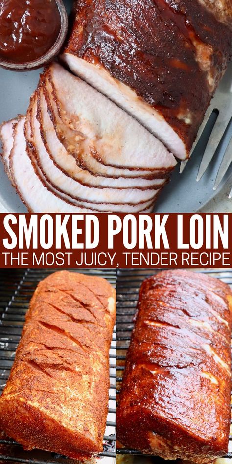 Create the most amazing, melt-in-your-mouth Smoked Pork Loin with this simple recipe! It starts with an overnight brine that tenderizes the meat, then it’s coated in a flavorful bbq rub. It's finished on the smoker with bbq sauce to add amazing flavor to the meat. This juicy, tender pork recipe is one that you’ll want to toss on the smoker again and again! Smoked Pork Sirloin Roast, Pork Roast Smoker Recipes, Brine For Pork Loin, Pork Loin Injection Recipe, Pork Loin Smoker Recipes, Grilled Pork Loin Recipes, Smoked Pork Loin Roast, Pork Loin Marinade, Pork Loin Rub