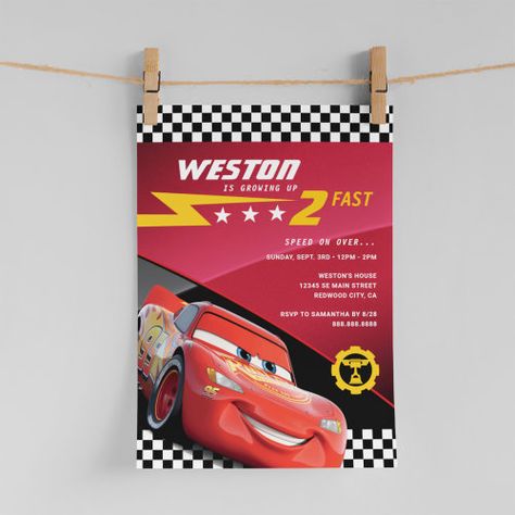 $3.08 | Cars Lightning McQueen | Two Fast Birthday #kids birthday, boy birthday, cars birthday, disney cars, lightning mcqueen, kids birthday party, disney pixar, cars movie, two fast, two Two Fast Birthday Invitation, Pixar Cars Birthday, Two Fast Birthday, Cars Lightning Mcqueen, 2nd Birthday Invitations, Kids Birthday Party Invitations, Boy Birthday Invitations, Disney Birthday, Party Details