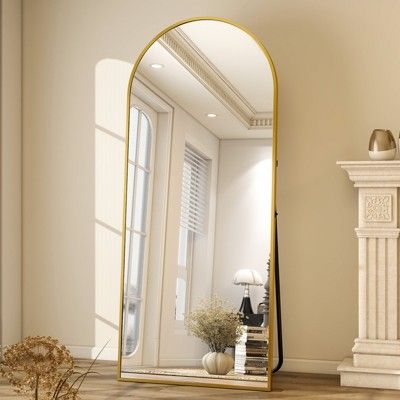 BEAUTYPEAK Rectangle With Rounded Top Full Length Mirror 58″x18″,Gold Full Length Mirror Gold Frame, Floor Length Mirror Bedroom, Full Length Mirror Decor Ideas, Mirror Arch, Gold Arch Mirror, Body Mirrors, Stand For Bedroom, Arch Floor Mirror, Mirror Decor Ideas