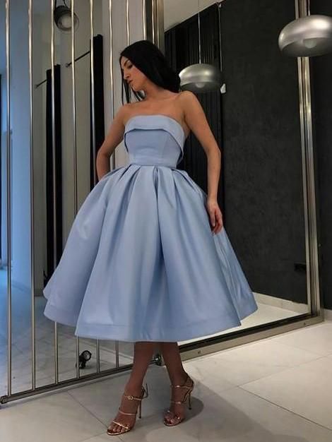 Blue Short Prom Dresses, Prom Dresses Tea Length, Dresses Tea Length, Strapless Homecoming Dresses, Tea Length Prom Dress, Light Blue Prom Dress, Satin Ball Gown, Elegant Ball Gowns, Cheap Homecoming Dresses