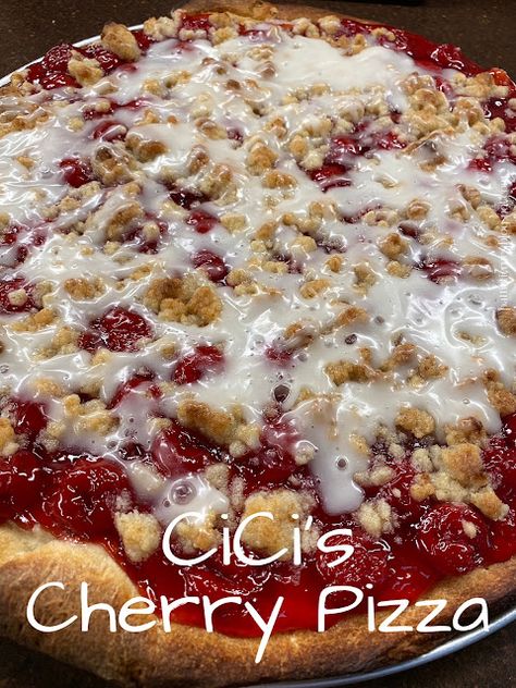 Olla-Podrida Pizza Hut Cherry Dessert Pizza, Pizza Desert Ideas, Cherry Pie Pizza, Pizza Hut Dessert Pizza, Cherry Dessert Pizza Recipe, Cherry Pie Dessert Pizza, Pizza Dough Sweet Desserts, Cherry Pizza Dessert, Strawberry Dessert Pizza