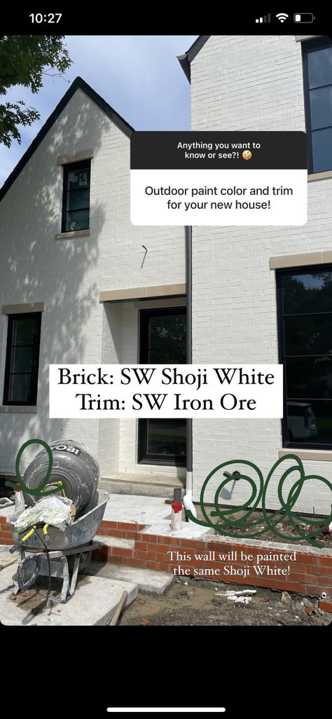 Painting White Brick Exterior, White House With Iron Ore Trim, Shoji White Painted Brick Exterior, Shoji White Brick Exterior, Shoji White With Iron Ore, Shoji White And Iron Ore Exterior, Iron Ore And Shoji White, Iron Ore Exterior Trim, Sw Shoji White Exterior