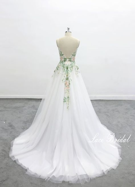 Forest Fairy Wedding Dress Green Lace Wedding V-neck Backless - Etsy White Wedding Dress Green Accents, Wedding Dress Green Accent, Sage Green And White Wedding Dress, Wedding Dress With Green Detail, Wedding Dresses Forest, Light Green Wedding Dress, Forest Fairy Wedding Dress, Sage Wedding Dress, Botanical Wedding Dress