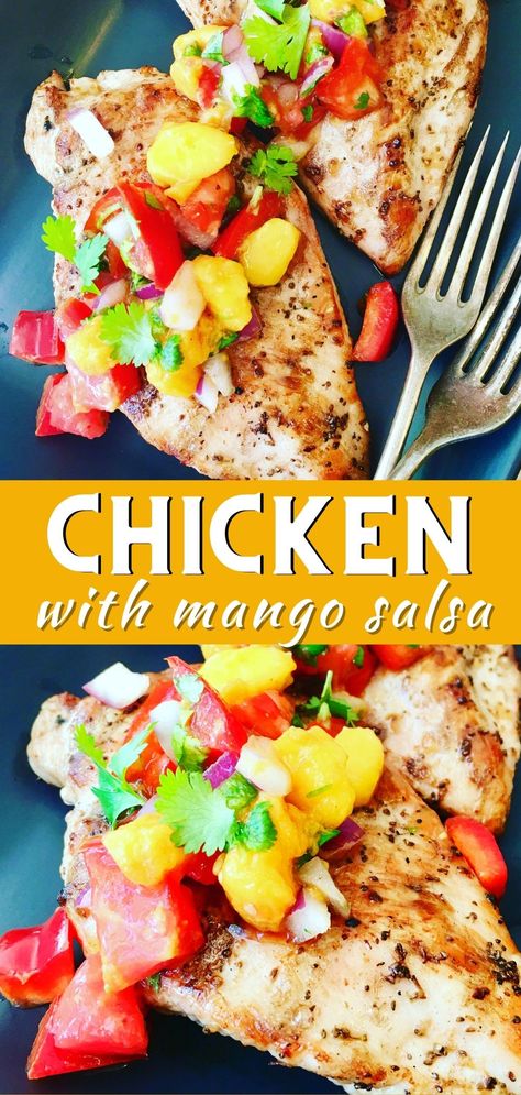 Chicken with Mango Salsa - Peter's Food Adventures Mango Dishes, Chicken With Mango Salsa, Chicken With Mango, Mango Salsa Chicken, Dinner Favorites, Mango Chicken, Grilled Bbq Chicken, Course Ideas, Jalapeno Chicken