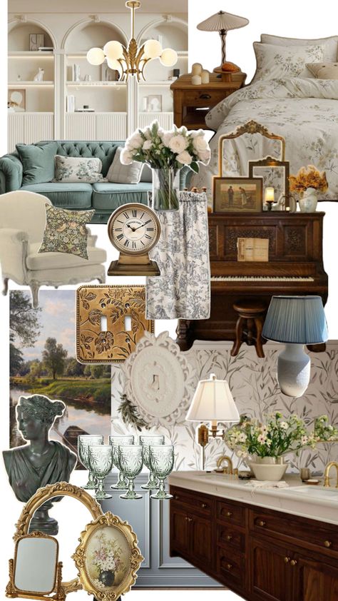 A dream home decor collage inspired by several aesthetics such as old money, vintage and regency Vintage Cottagecore Living Room, French Quarter Homes Interior, Old Vintage House Interior, Cottage Vintage Aesthetic, Bridgerton Inspired Home Decor, Bridgerton Inspired Decor, Old Money Apartment Decor, Regency Core Aesthetic Home, Old Money Aesthetic Home Decor