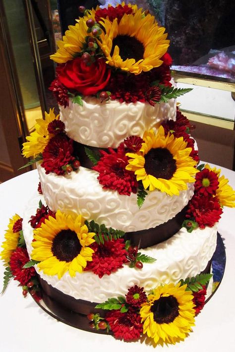 Fill Your Day With Bright Blooms Of These Sunflower Wedding Decor Ideas ★ sunflower wedding decor ideas cake with red flower sarahbcakes Camo Wedding Cakes, Sunflower Wedding Cake, Sunflower Wedding Decorations, Sunflowers And Roses, Sunflower Themed Wedding, Camo Wedding, Wedding Forward, Sunflower Wedding, Wedding Cake Topper