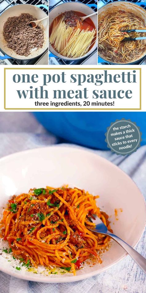 Whip up a delicious spaghetti and meat sauce in one pot with only three ingredients! Ground beef, jarred sauce, spaghetti - along with olive oil, salt, pepper, and water - combine to make the most DELICIOUS pasta, with sauce that clings to every noodle thanks to the starch that stays in the pot to thicken the sauce! Spagetti And Meat Sauce, Dump Casseroles, Pasta With Sauce, Spaghetti And Meat Sauce, Spaghetti With Meat Sauce, Spaghetti With Meat, Weeknight Casseroles, Delicious Spaghetti, One Pot Spaghetti