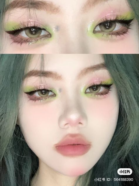 Green And Pink Makeup Looks, Green Douyin Makeup, Leaf Nail Art Tutorial, Green And Pink Makeup, Pink And Green Makeup, Leaf Makeup, Arabic Eye Makeup, Dragon Makeup, Leaf Nail Art