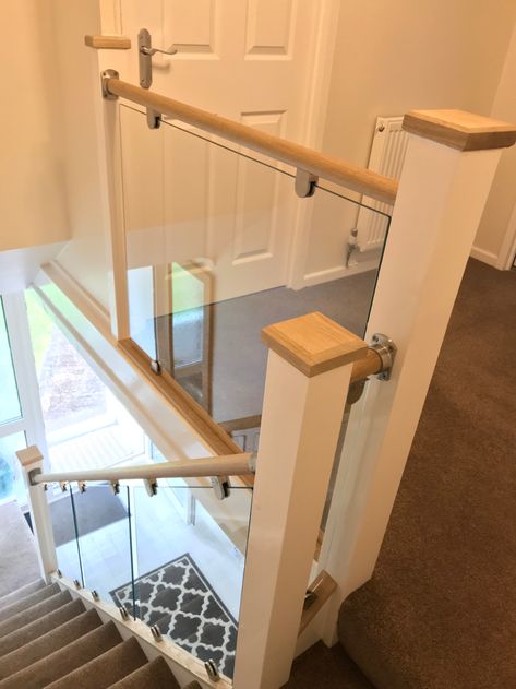 Internal Glass Balustrade, Staircase Balustrade Ideas, Glass Banister Stairways, Glass Bannister Ideas, Glass Balustrade Stairs, Glass Landing, Glass Banister, Hallway Diy, Glass Stairs Design