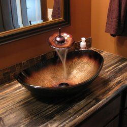 Rena Glass Oval Vessel Bathroom Sink Glass Basin, Primitive Bathrooms, Tuscan Kitchen, Glass Vessel Sinks, Mediterranean Home Decor, Vessel Bathroom Sink, Rustic Bathrooms, Tuscan Decorating, Copper Glass