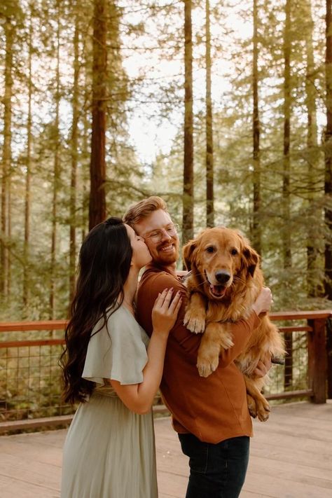 Engagement Photos with Golden Retriever, pose ideas with dog Photography Poses Couples With Dogs, Engagement Announcement Ideas With Dogs, Couple And Their Dog Photos, Fall Family Photo With Dog, Family Holiday Photos With Dog, Couple Posing With Dog, Couple Holiday Photos With Dog, Couple Poses With Dog Christmas Cards, Couple With Dog Fall Photos