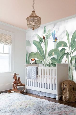 Safari Nursery Wallpaper, Nursery Ideas Boy, Kindergarten Wallpaper, Jungle Nursery Decor, Tropical Nursery, Safari Animals Nursery, Nursery Mural, Jungle Nursery, Green Nursery