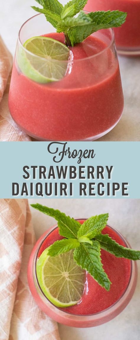 Try this Frozen Strawberry Daiquiri. It is an easy 4 ingredient frozen strawberry daiquiri recipe made with frozen strawberries and lightly sweetened. It’s the perfect summer cocktail! This drink is refreshing and full of flavor, and it’s easy to make at home. Perfect summer cocktail! Frozen Strawberry Desserts, Strawberry Daiquiri Cocktail, Strawberry Daiquiri Recipe, Frozen Strawberry Daiquiri, Daiquiri Recipe, Blended Cocktail, Daiquiri Cocktail, Frozen Cocktail Recipes, Frozen Strawberry