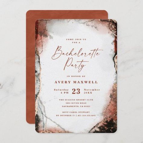 $ 2.84 | Abstract Ethereal Burnt Orange Bachelorette Party #chic paperie's 2021 wedding collections #ethereal watercolor wedding suite #hand painted watercolour wash invitation #modern elegant bachelorette party #trendy signature script handwriting text #champagne gold metallic glitter foil #rusty burnt orange and hunter #green gray and orange wedding #rustic organic fall party invites #forest autumn weddin Orange Bachelorette Party, Orange Engagement Party, Orange Bachelorette, Fall Colors Wedding, Green Fall Weddings, Ethereal Watercolor, Fall Party Invitations, Fall Wedding Color Palette, Burnt Orange Weddings