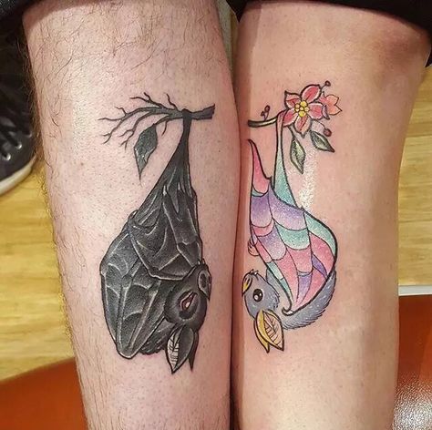 Bat pair tattoo Pair Tattoos, Couple Tattoo Ideas, Bats Tattoo Design, Matching Friend Tattoos, Couple Matching Tattoo, Cute Couple Tattoos, Tattoos Infinity, Couple Tattoos Unique, Bat Tattoo