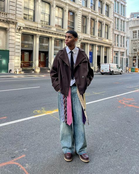 tie the loose ends 👔 #streetstyle #outfitinspo #ties #nycfashion #streetwear Tie Streetwear Outfit, Outfit With Tie Men, Designer Fits Men, Autumn Fits Men, Tie Belt Outfit, Winter Street Style Men, Tie Skirt Outfit, Paris Winter Outfit Ideas, Tie As Belt