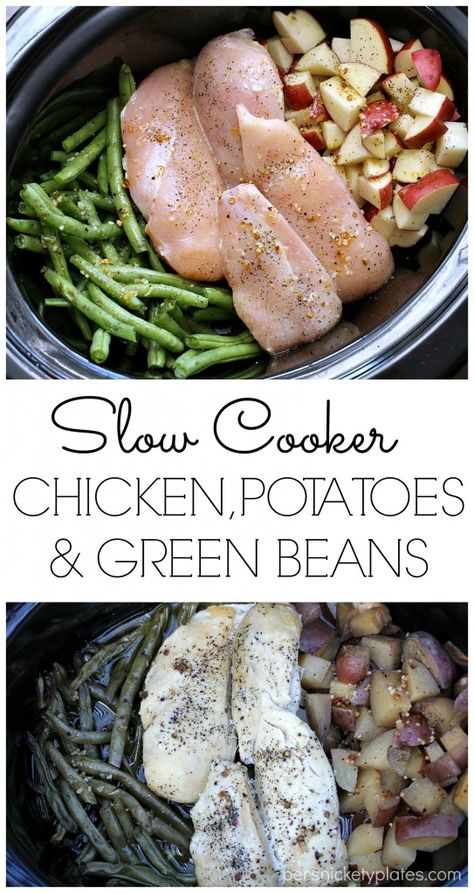 Slow Cooker Chicken, Potatoes, & Green Beans - your entire dinner made right in the slow cooker! | Persnickety Plates #SCNRF #PMedia #ad @NatureRaised Slow Cooker Chicken Green Beans, Chicken Potatoes Green Beans, Chicken Green Beans And Potatoes, Chicken Potatoes And Green Beans, Chicken Green Beans Potatoes, Slow Cooker Chicken Potatoes, Crockpot Chicken And Potatoes, Green Bean Dishes, Potatoes Green Beans