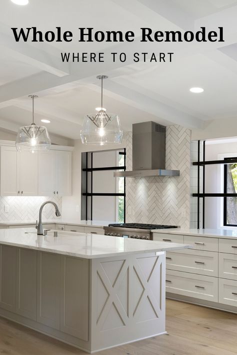 If you've identified several home remodeling projects but don't know where to start follow this whole home remodeling guide to set you up for success. Whole Home Remodel, Board Themes, Full Kitchen Remodel, Sleek Kitchen, Room Additions, Home Remodel, Remodeling Projects, Free Resources, Dream Homes