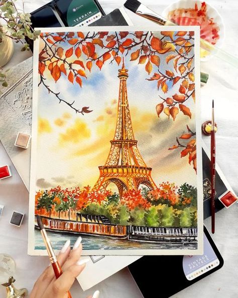 🌸 Dyutisnata 🌸 on Instagram: "Dream Destination🗼🧡 . . This painting has my heart in all sense. The reference picture of this painting was given by my sister, Pallavi, after she heard that Paris is my dream destination, within a week or so she sent me this... I remember showing her this painting after it was done just few days before she was admitted, she was so happy to see this, her favorite part was the leaves and I can still hear her saying " I am impressed, bub". I couldn't post this pai Painting Water Colour Ideas, My Dream Painting, Draw Picture, My Dream Drawing, Watercolor Scenery Landscape Paintings, Nature Aesthetic Drawing, Watercolor Painting Aesthetic, Art Inspiration Painting Watercolour, Paris Painting Aesthetic