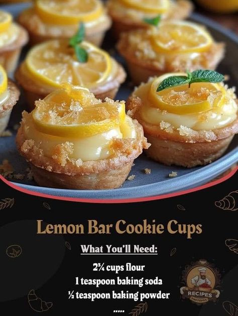 Paula Deen 👩🏻‍🍳 | Lemon Bar Cookie Cups | Facebook Lemon Bar Cookie Cups Recipe, Lemon Bar Cookie Cups, Baking Powder Recipe, Lemon Bar Cookies, Cookie Cups Recipe, Dessert Snacks, Rachael Ray Recipes, Brown Recipe, Lemon Bar