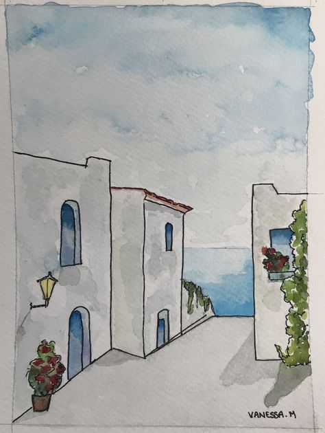 Landscape Drawing Simple, Watercolour Line Art, Watercolor Architecture Simple, Landscape Paintings Easy Simple, Aesthetic Watercolor Art Easy, Watercolor Art Landscape Simple, Architecture Drawing Easy, Watercolor Landscape Paintings Easy, Watercolor Line Art