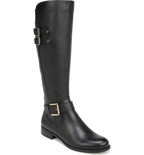 Free shipping and returns on Naturalizer Jessie Knee High Riding Boot (Women) at Nordstrom.com. Squared buckles anchor the straps at the ankle and calf of an equestrian-inspired boot styled with a band of elastic behind the knee for flexible comfort. Signature N5 Contour technology brings flexible, supportive cushioning to the footbed, while the soft, breathable lining provides dry, all-day comfort. Wide Calf Riding Boots, Riding Boots Fashion, Womens Tall Boots, Black Riding Boots, Tall Riding Boots, Womens Riding Boots, Riding Boot, Fashion Goals, Leather Riding Boots