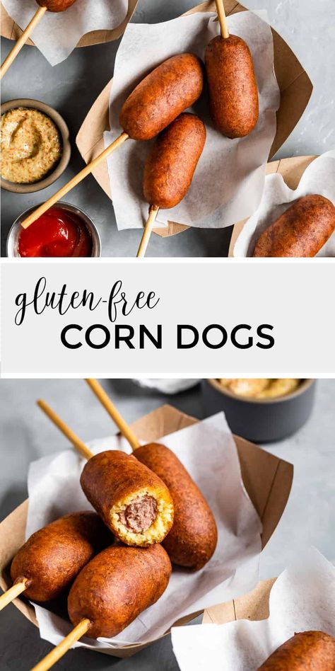 Soft and fluffy gluten-free corn dogs with a crisp golden-brown shell. These hand-dipped corn dogs in a gluten-free buttermilk and honey batter are delicious and easy to make! Gluten Free Southern Food, Gluten Free Corndogs, Healthy Corn Dog Recipe, Gluten Free Mini Corn Dogs, Healthy Mini Corn Dogs, Gluten Free Mini Corn Dog Muffins, Vegan Corn Dogs, Gluten Free Corn Dogs, Homemade Corndogs