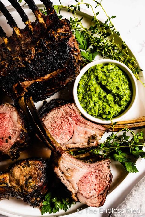 The secret to a perfectly grilled rack of lamb is to keep it simple. Here's how to put a delicious, impressive, grilled rack of lamb on the table (with a side of fresh pea and mint pesto!) #theendlessmeal #lamb #grilledlamb #grilling #grilledmeat #rackoflamb Rack Of Lamb Recipes, Grilled Lamb Recipes, Lamb Rack Recipe, Mint Pesto, Roast Rack Of Lamb, Grilled Potato Salad, Easter Meal, Bbq Seafood, Lamb Loin Chops